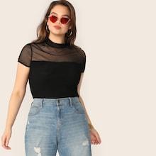 Romwe Plus Mock Neck Mesh Yoke Trim Top