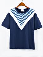 Romwe Chevron Striped Print T-shirt - Blue