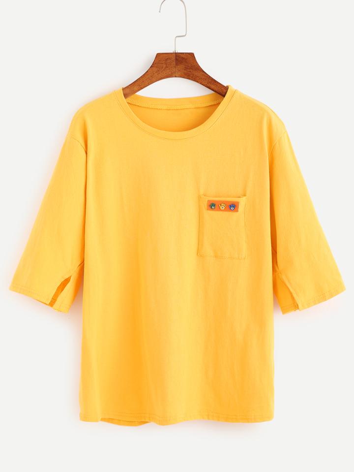 Romwe Mustard Slit Sleeve Hand Patch Pocket T-shirt