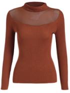 Romwe Polo Neck Mesh Insert Slim Khaki Sweater