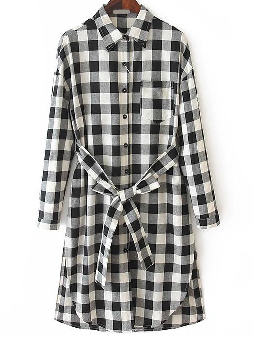 Romwe Plaid Split Black Shirt Dress With Belt