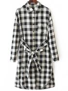 Romwe Plaid Split Black Shirt Dress With Belt