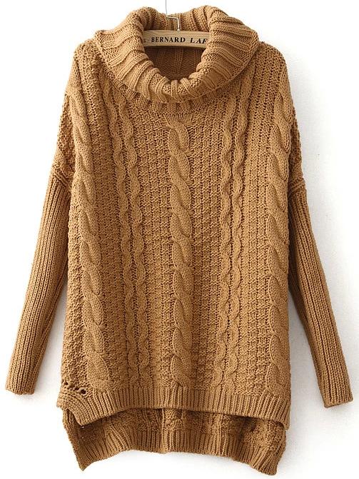 Romwe High Neck Loose Cable Knit Khaki Sweater