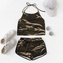Romwe Camo Print Halter Top With Shorts