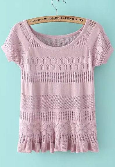 Romwe Short Sleeve Crochet Hollow Purple Sweater