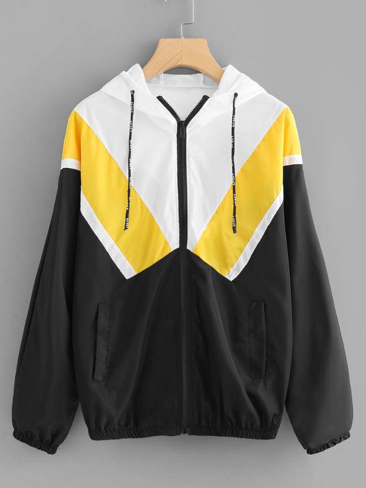 Romwe Color Block Drawstring Zip Up Jacket