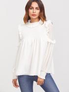 Romwe White Ruffle Trim Smocked Dot Jacquard Blouse