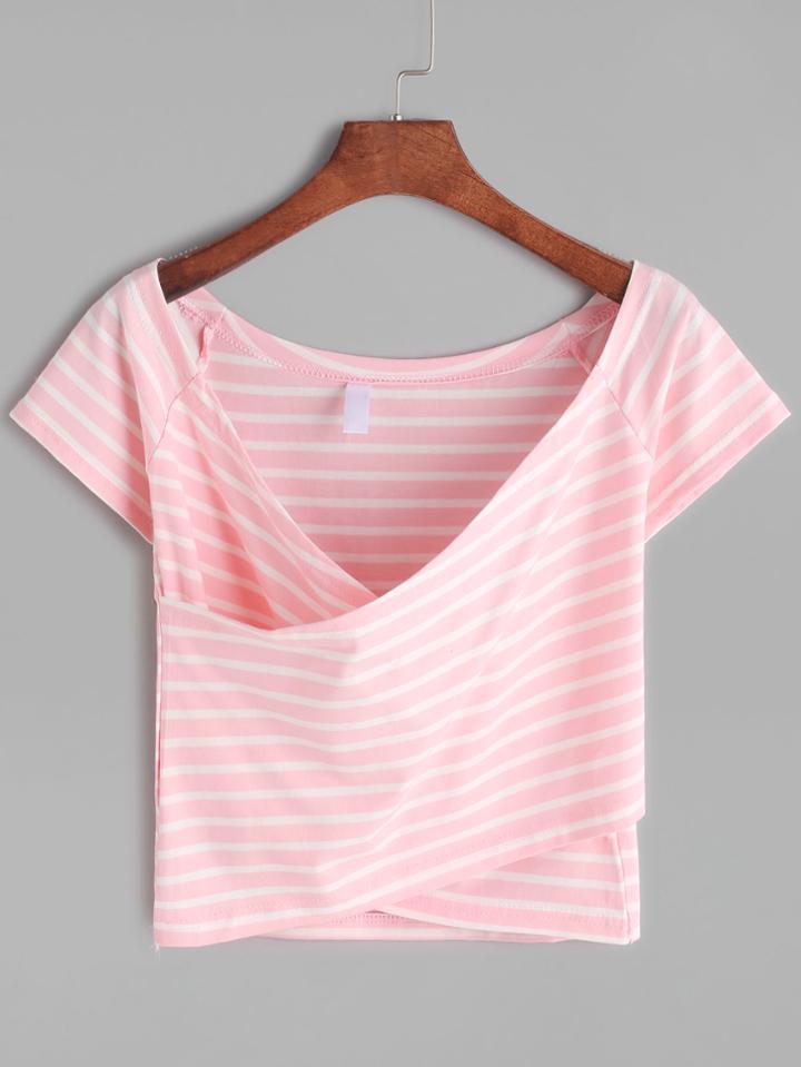 Romwe Pink V Neck Criss Cross Stripe T-shirt