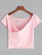 Romwe Pink V Neck Criss Cross Stripe T-shirt