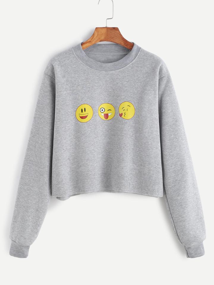 Romwe Grey Emoji Print Raw Hem Crop Sweatshirt