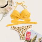 Romwe Cross Wrap Halter Top With Random Sunflower Print Bikini