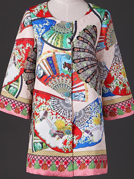 Romwe Multicolor Round Length Half Sleeve Jacquard Pockets Coat