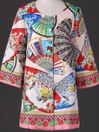Romwe Multicolor Round Length Half Sleeve Jacquard Pockets Coat