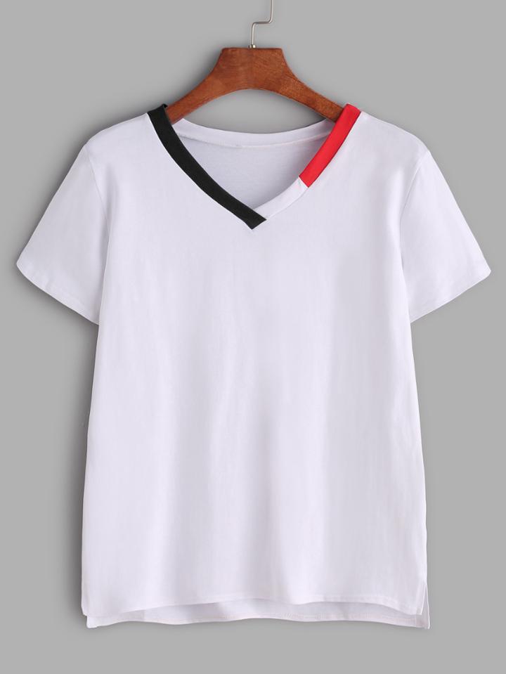 Romwe Contrast Trim V Neck Slit Side High Low T-shirt
