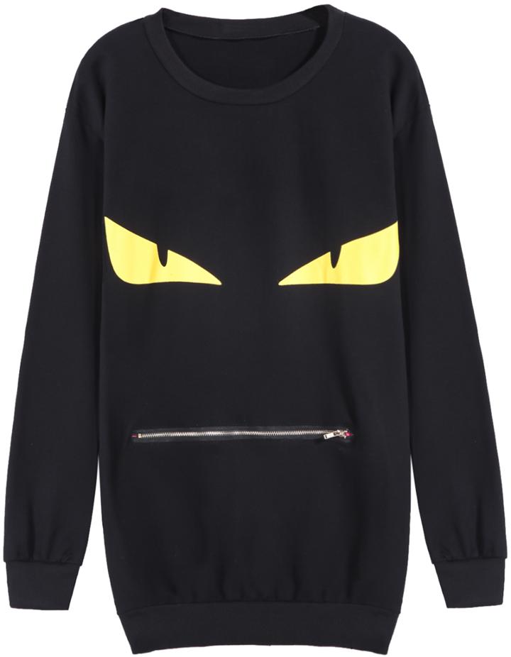 Romwe Black Long Sleeve Eyes Print Zipper Sweatshirt