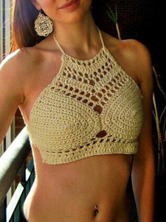 Romwe Hollow Out Halter Khaki Crop Crochet Top