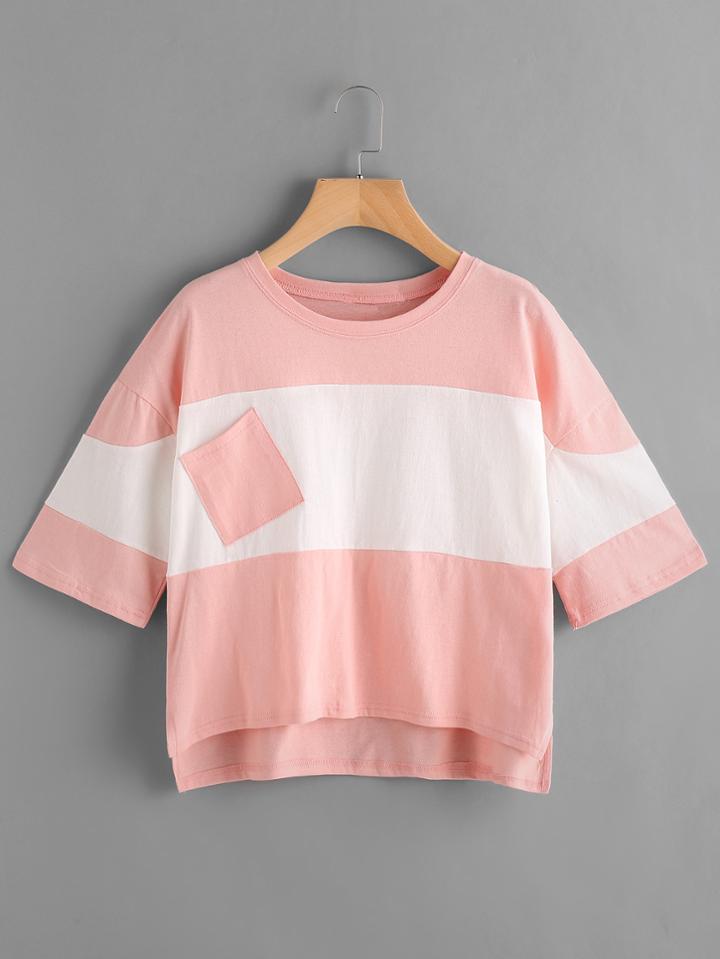 Romwe Color Block Split Side Dip Hem Tee With Chest Pocket