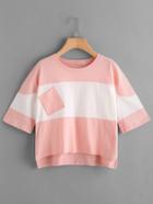 Romwe Color Block Split Side Dip Hem Tee With Chest Pocket