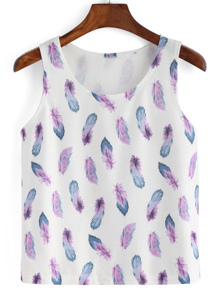 Romwe Purple White Feather Print Tank Top