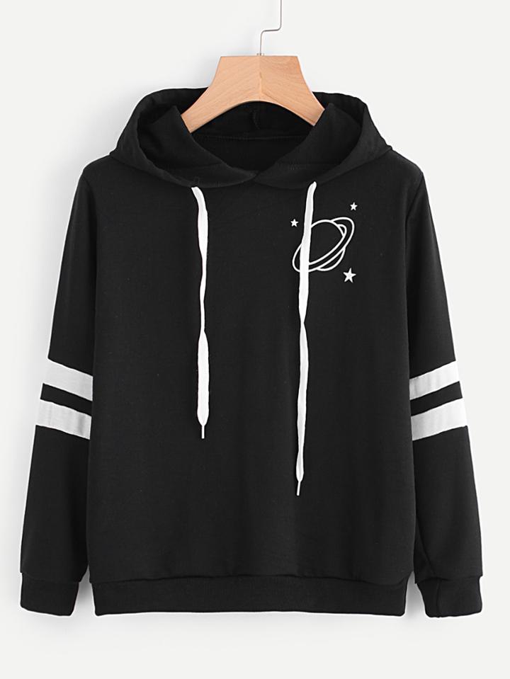 Romwe Planet Print Varsity-striped Hoodie