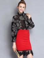 Romwe Lapel Flower Print Top With Peplum Hem Black Skirt