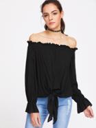 Romwe Black Off The Shoulder Tie Hem Top