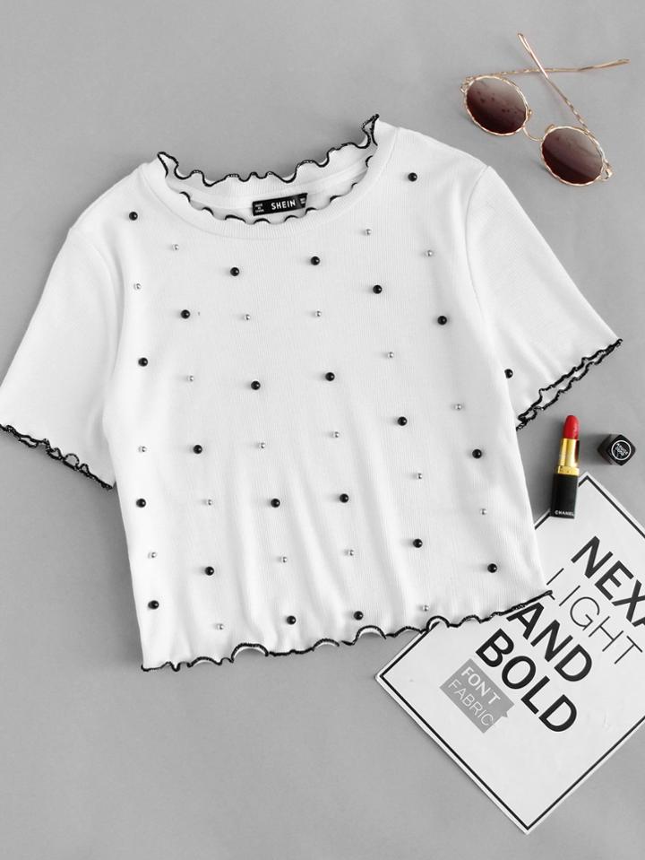 Romwe Pearl Beaded Lettuce Edge Crop Tee