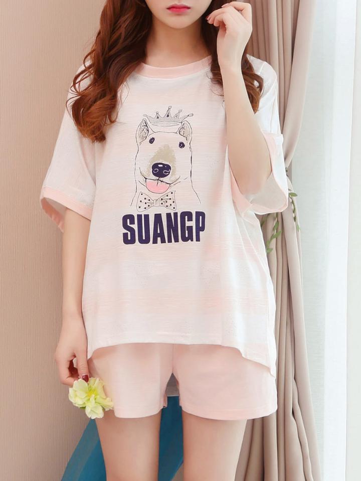 Romwe Dog Print Tee & Shorts Pj Set