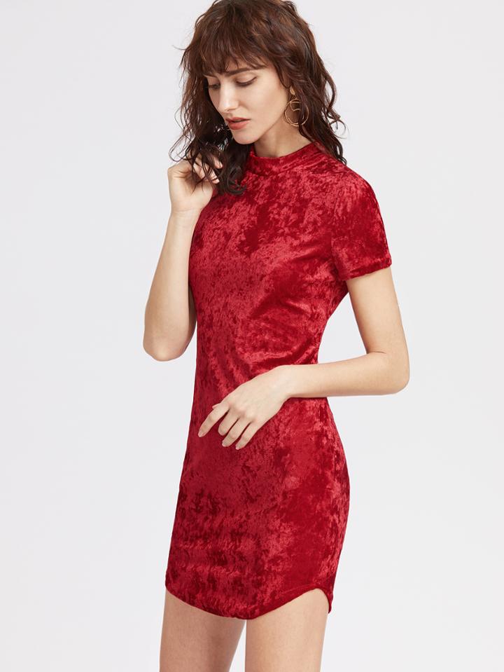 Romwe Red Mock Neck Curved Hem Velvet Bodycon Dress