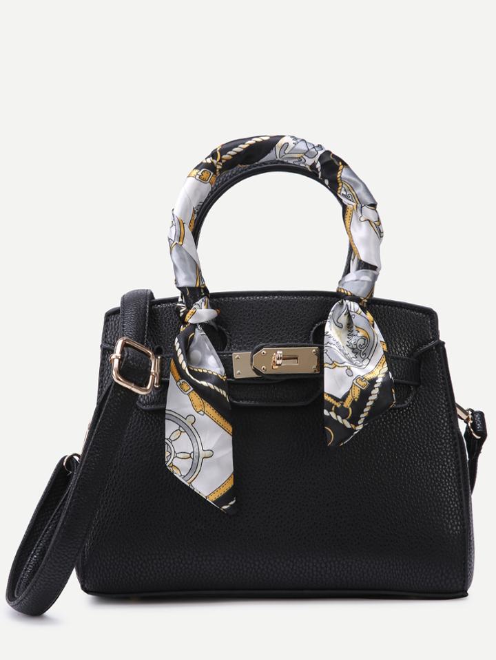 Romwe Black Pebbled Pu Buckle Strap Handbag With Strap