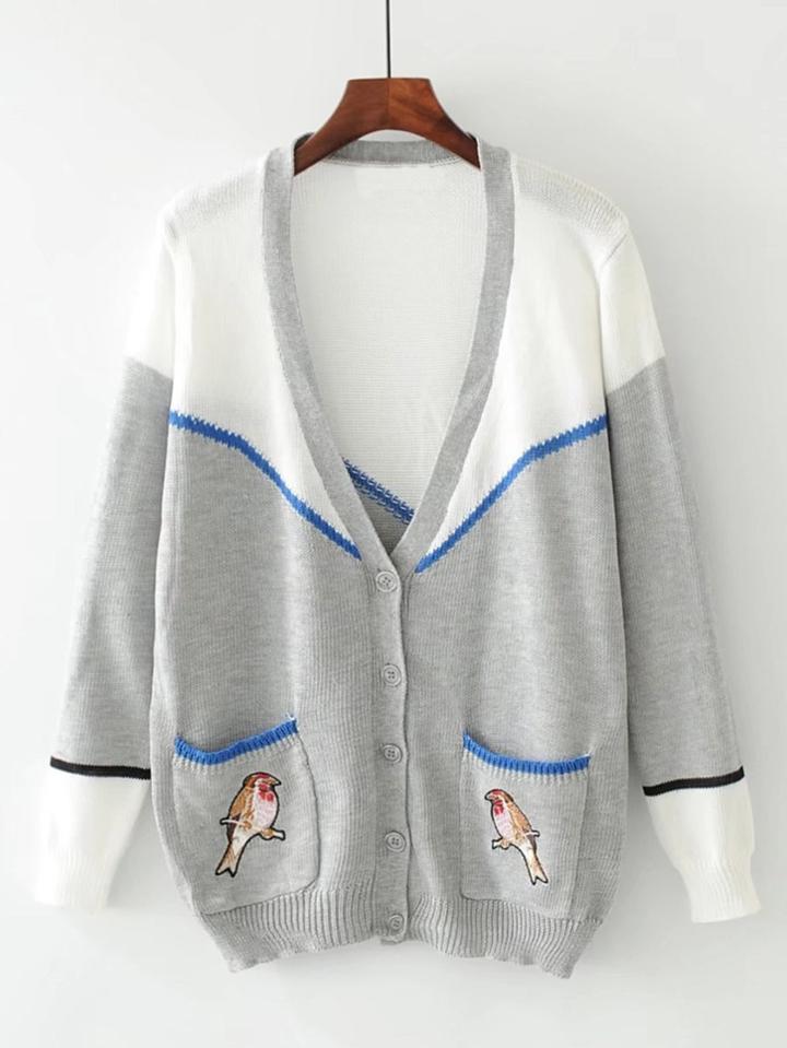 Romwe Bird Embroidery Two Tone Cardigan