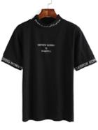 Romwe Mock Neck Letters Embroidered Black T-shirt