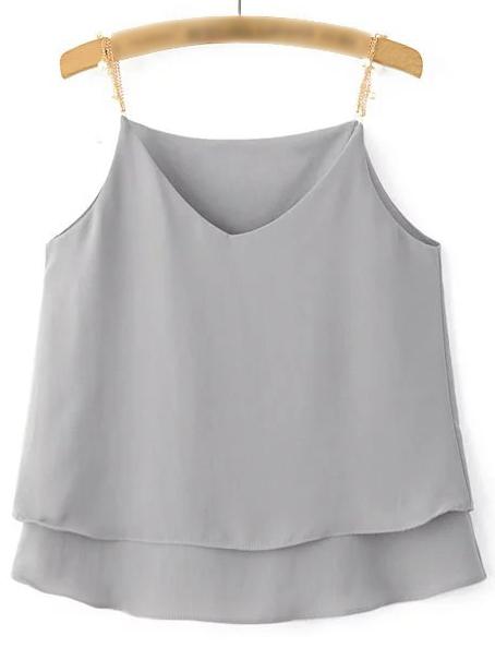 Romwe Grey Double Layers Chiffon Pearl Chain Spaghetti Strap Tank Top