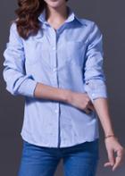 Romwe Lapel Vertical Stripe Pocket Light Blue Blouse