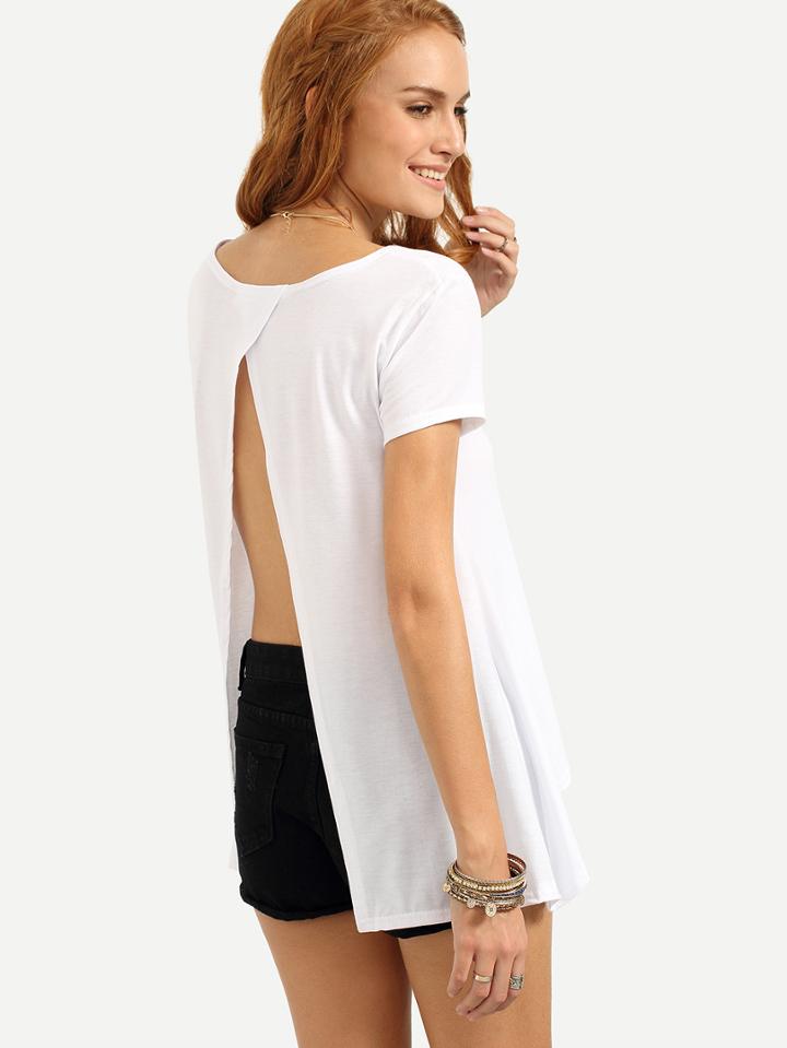 Romwe White Slit Back Asymmetric T-shirt