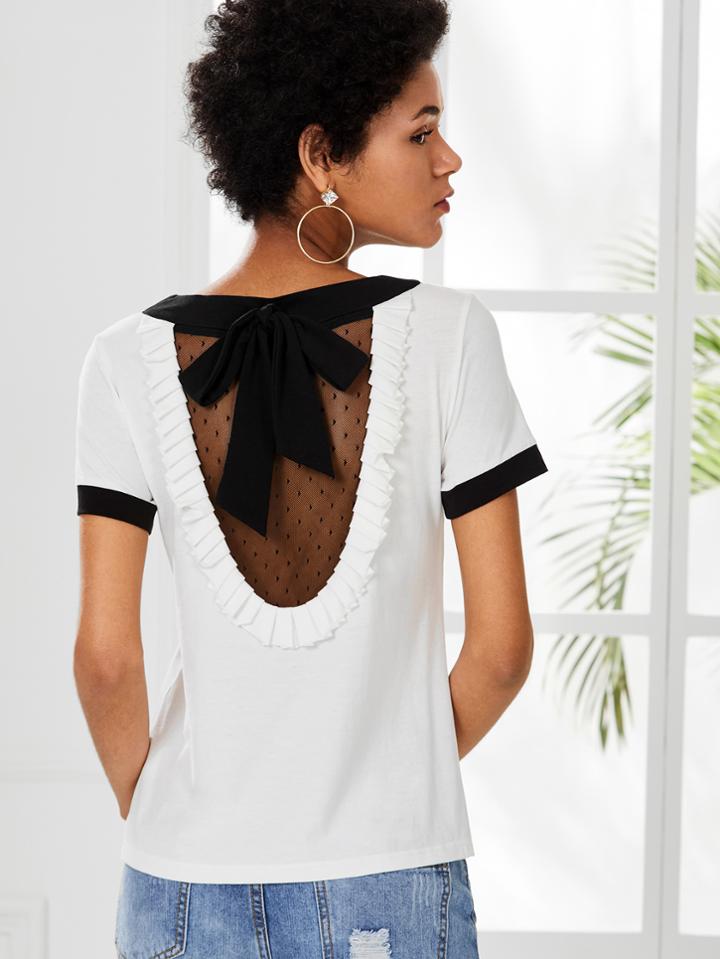 Romwe Contrast Trim Mesh Back Pleated T-shirt