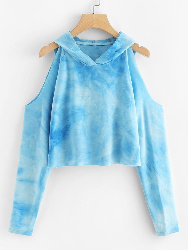Romwe Cutout Sleeve Tie Die Print Hoodie Sweatshirt