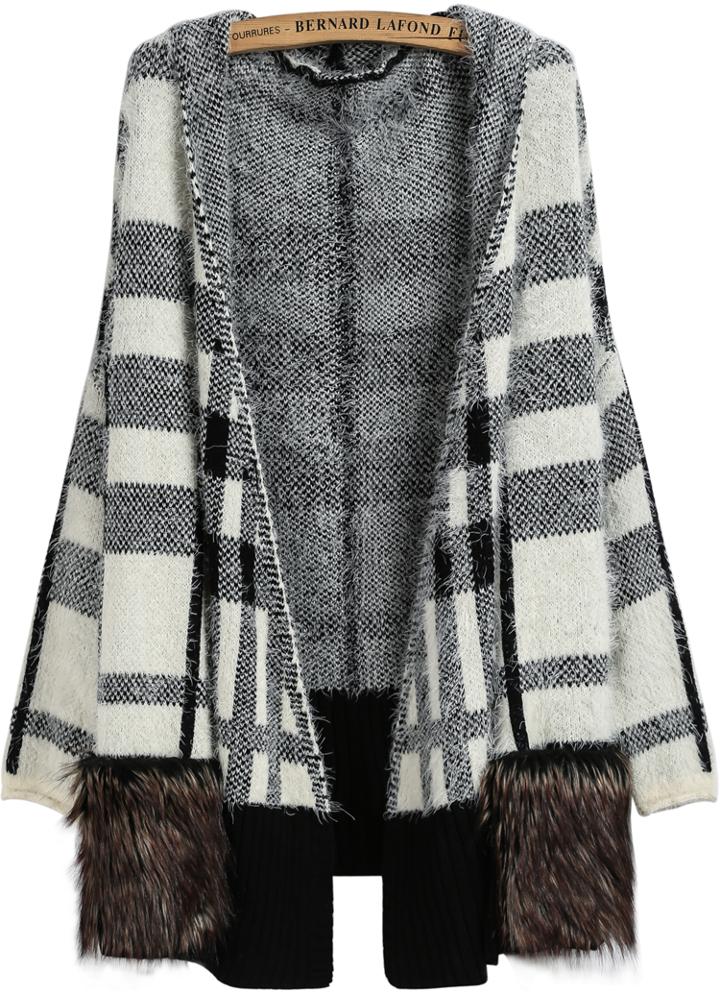 Romwe Faux Fur Check Print Cardigan