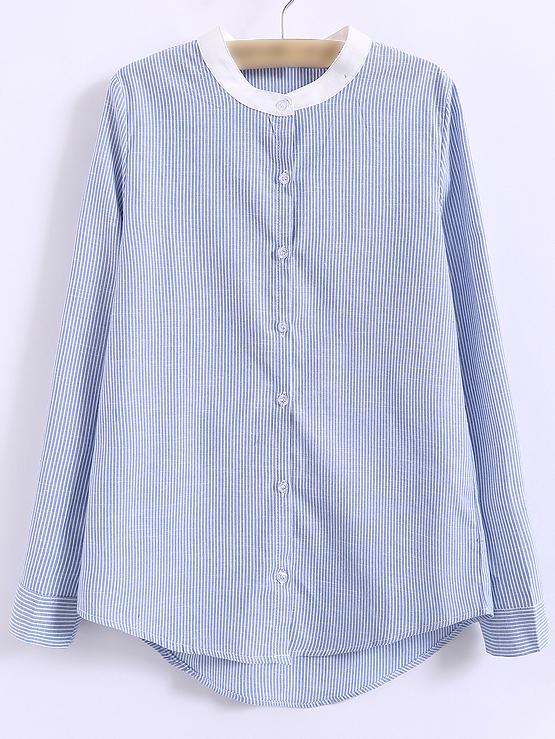 Romwe Blue Round Neck Buttons Front Long Sleeve Striped Blouse