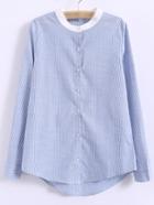 Romwe Blue Round Neck Buttons Front Long Sleeve Striped Blouse