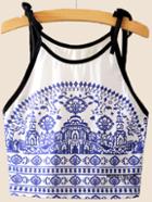 Romwe White Printed Contrast Trim Tie Shoulder Cami Top