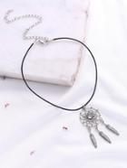 Romwe Silver Hollow Out Ring And Feather Pendant Necklace