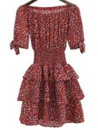 Romwe Red Leopard Off The Shoulder Layers Ruffle Dress