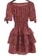 Romwe Red Leopard Off The Shoulder Layers Ruffle Dress