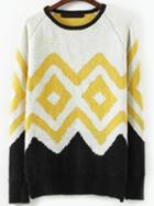 Romwe Color-block Round Neck Geometric Print Sweater