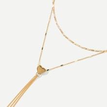 Romwe Heart Detail Layered Necklace With Chain Tassel
