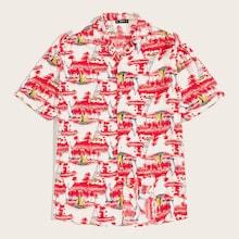 Romwe Guys Island Print Short Sleeve Shirt