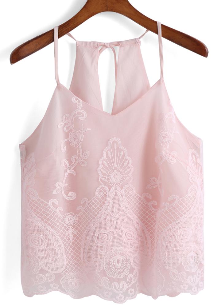 Romwe Spaghetti Strap Lace Pink Cami Top