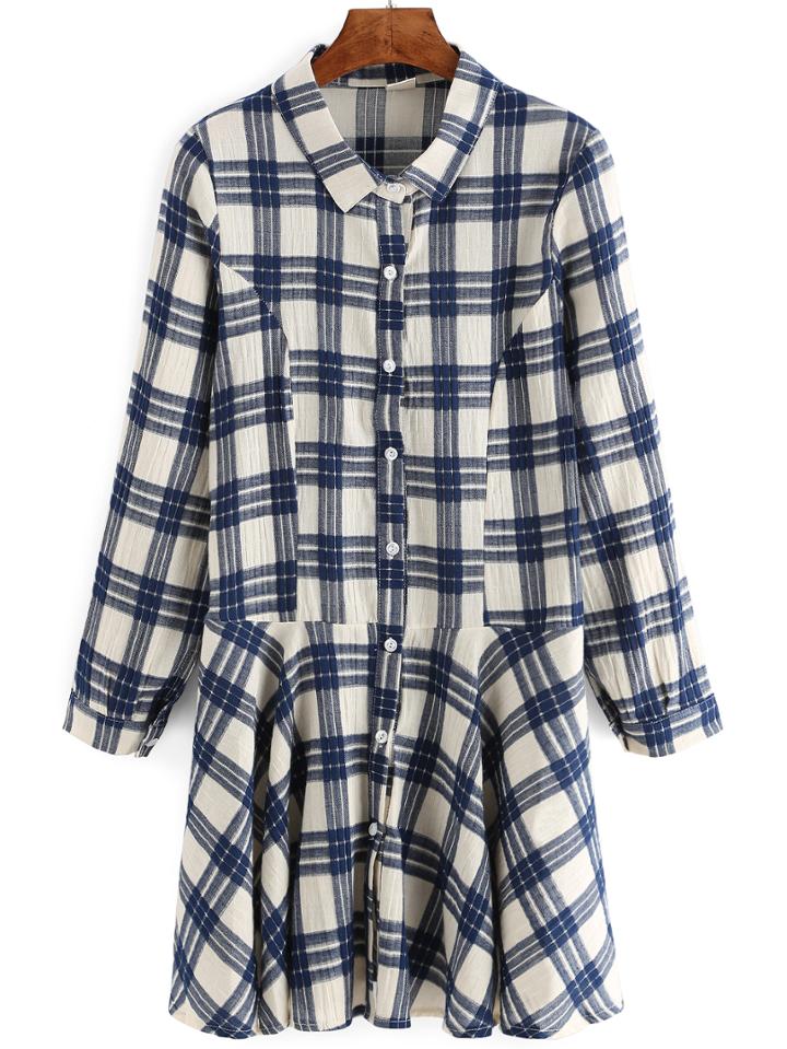 Romwe Plaid Pleated Button-down Shirt Dress