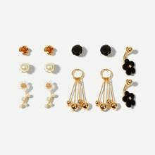 Romwe Faux Pearl & Flower Stud Earrings 6pairs